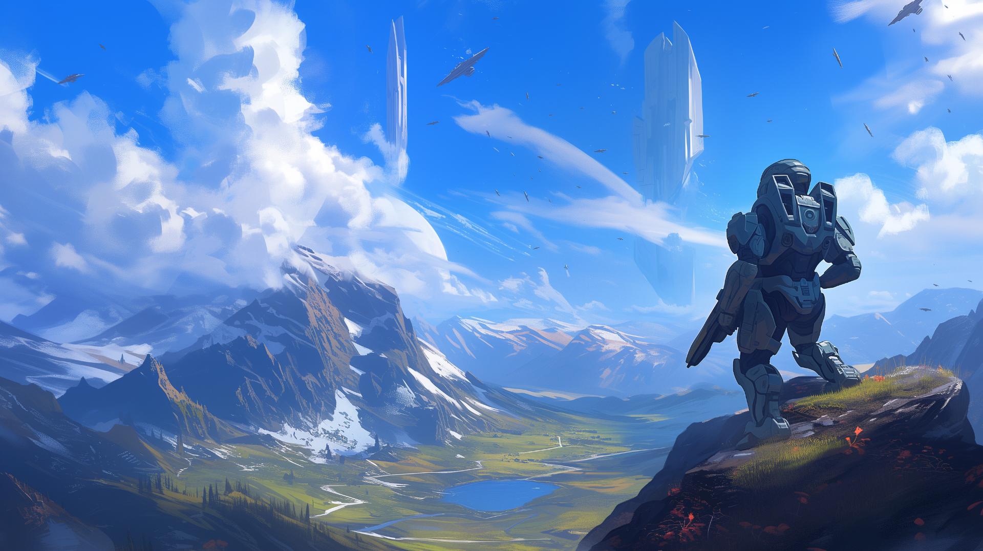 مسترچیف (Master Chief) در حال تماشای جهان وسیع و خیره‌کننده بازی Halo Infinite