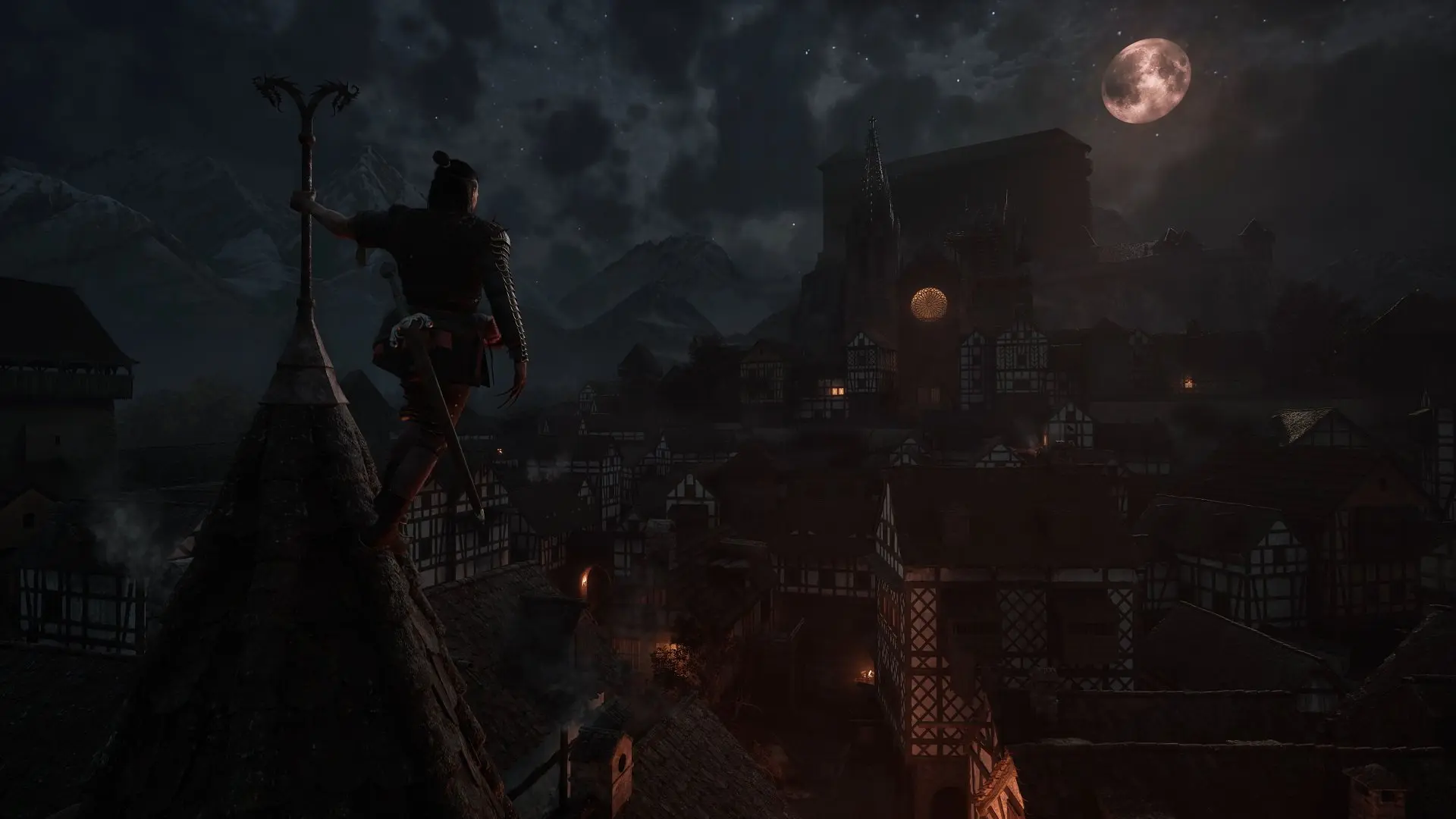 ایستادن کوئن روی یک ساختمان در بازی The Blood of Dawnwalker