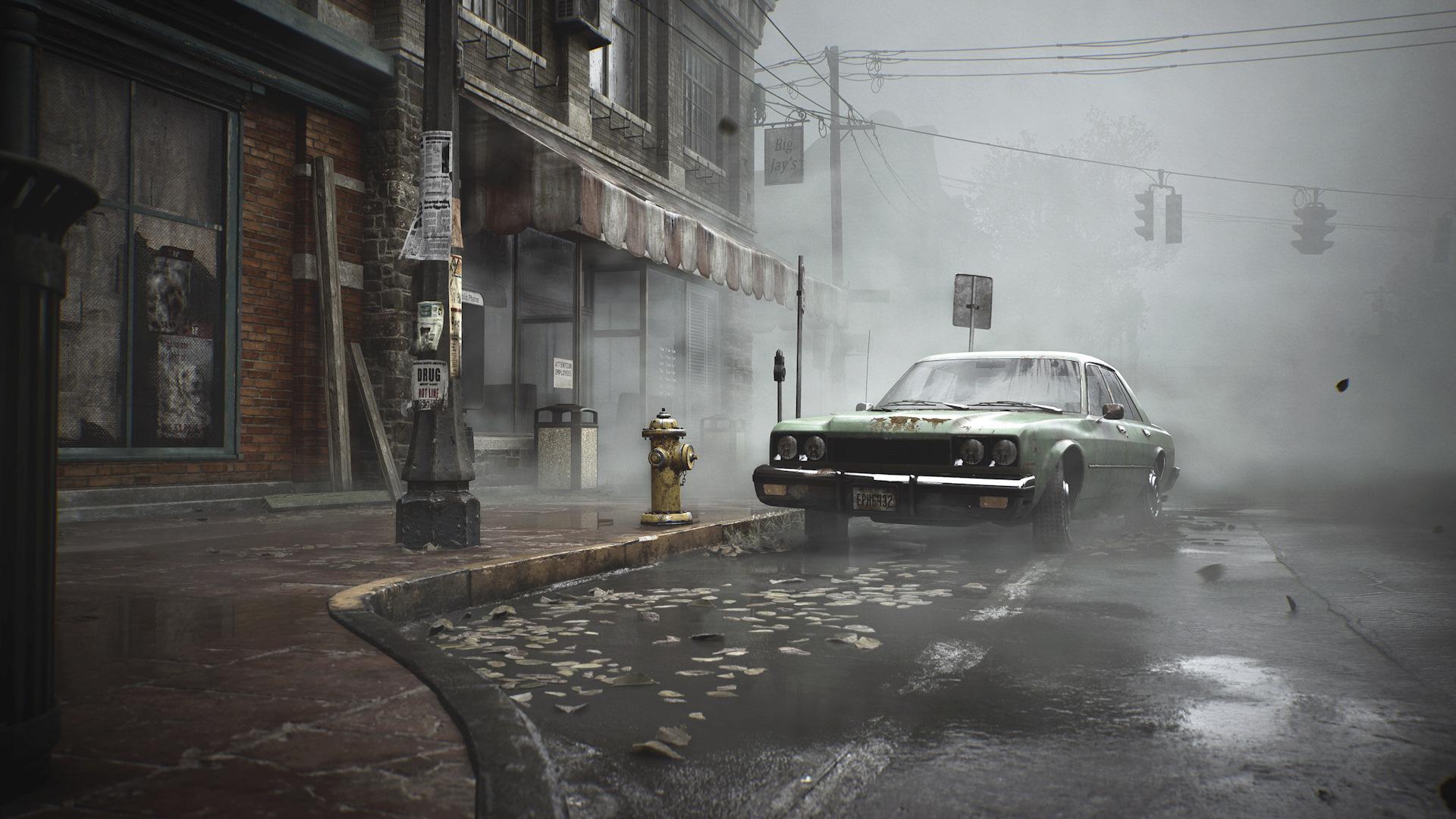 ماشین پارک‌شده در شهر مه‌گرفته Silent Hill 2