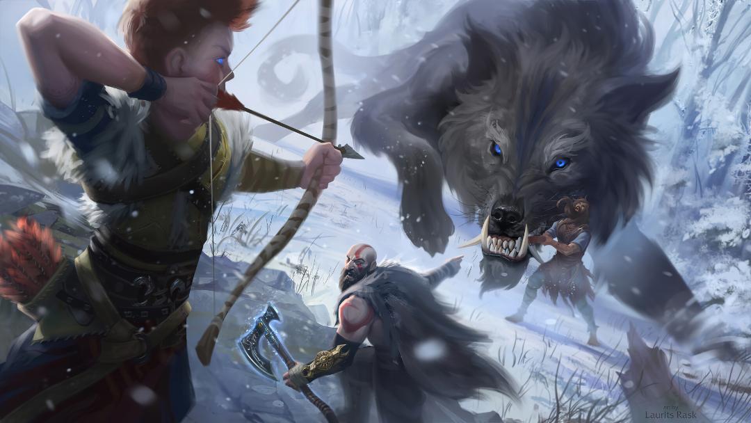 تیراندازی آترئوس (Atreus) به گرگ عظیم‌الجثه در بازی God of War Ragnarök