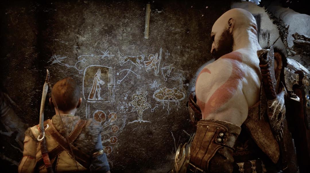 کریتوس و آترئوس درحال نگاه به نقاشی های دیواری در بازی god of war ragnarok
