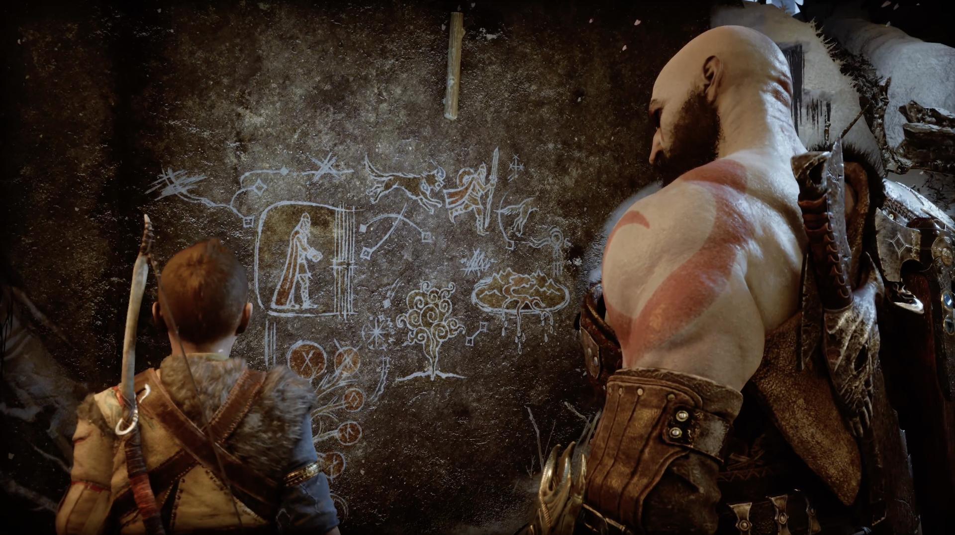 کریتوس و آترئوس درحال نگاه به نقاشی های دیواری در بازی god of war ragnarok