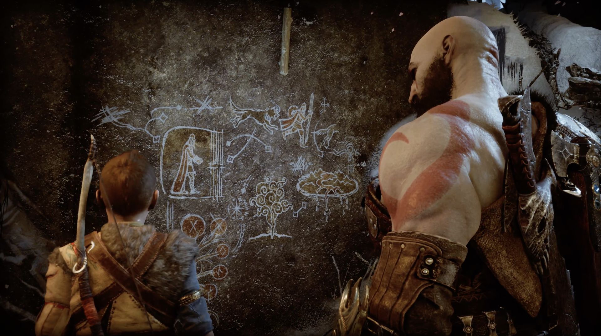 کریتوس و آترئوس درحال نگاه به نقاشی های دیواری در بازی god of war ragnarok