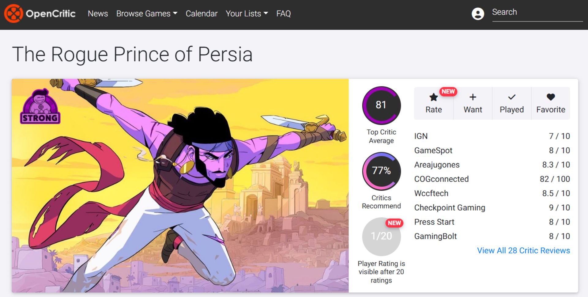 میانگین نقدها و نمرات بازی The Rogue Prince of Persia از وب‌سایت اوپن‌کریتیک (OpenCritic)