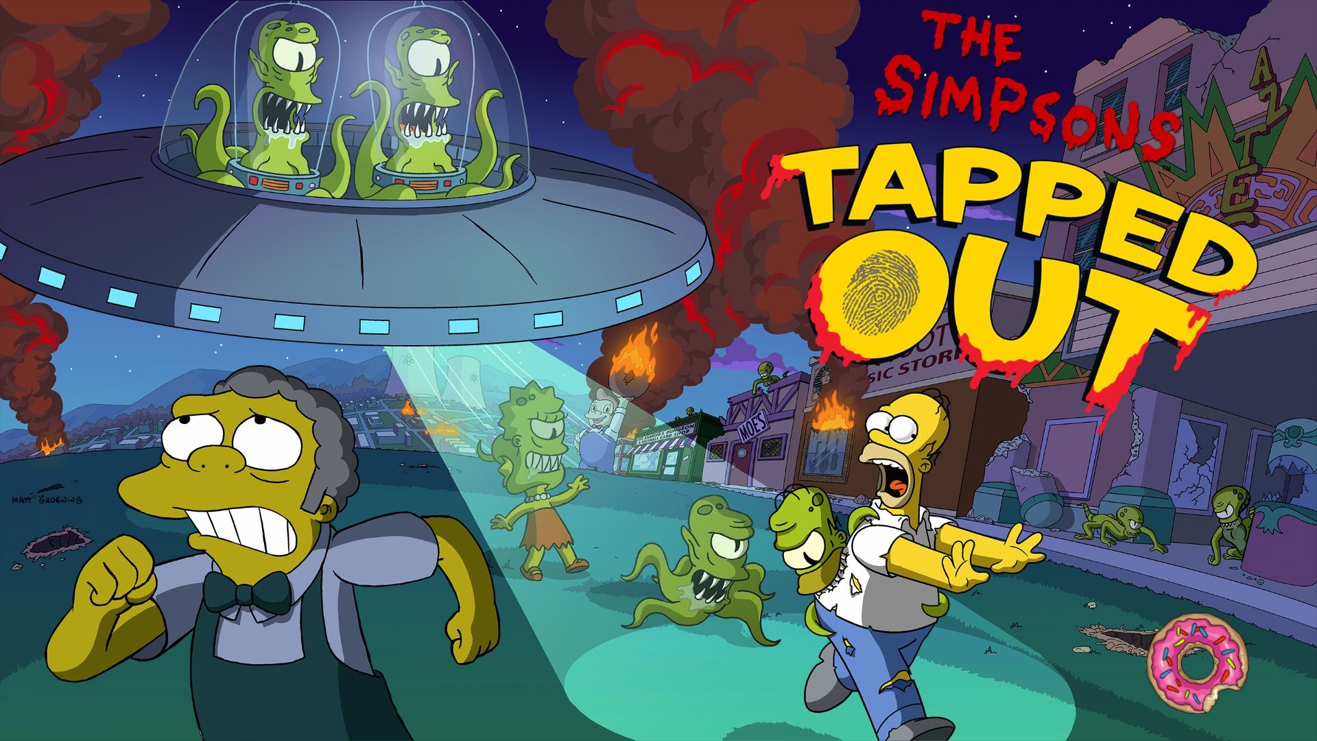 فرار سیمپسون‌ها از دست بیگانگان فضایی در بازی The Simpsons: Tapped Out