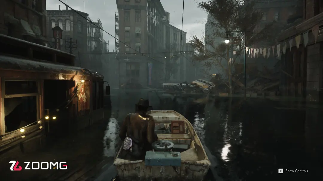 قایق‌سواری در خیابان‌های غرق‌شده و بارانی بازی The Sinking City 2