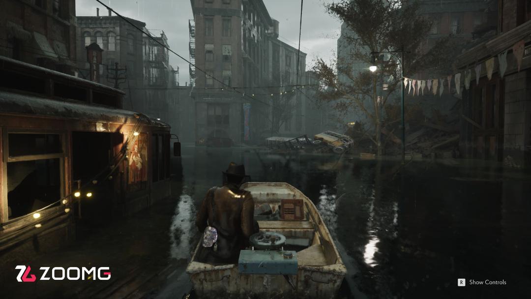 قایق‌سواری در خیابان‌های غرق‌شده و بارانی بازی The Sinking City 2
