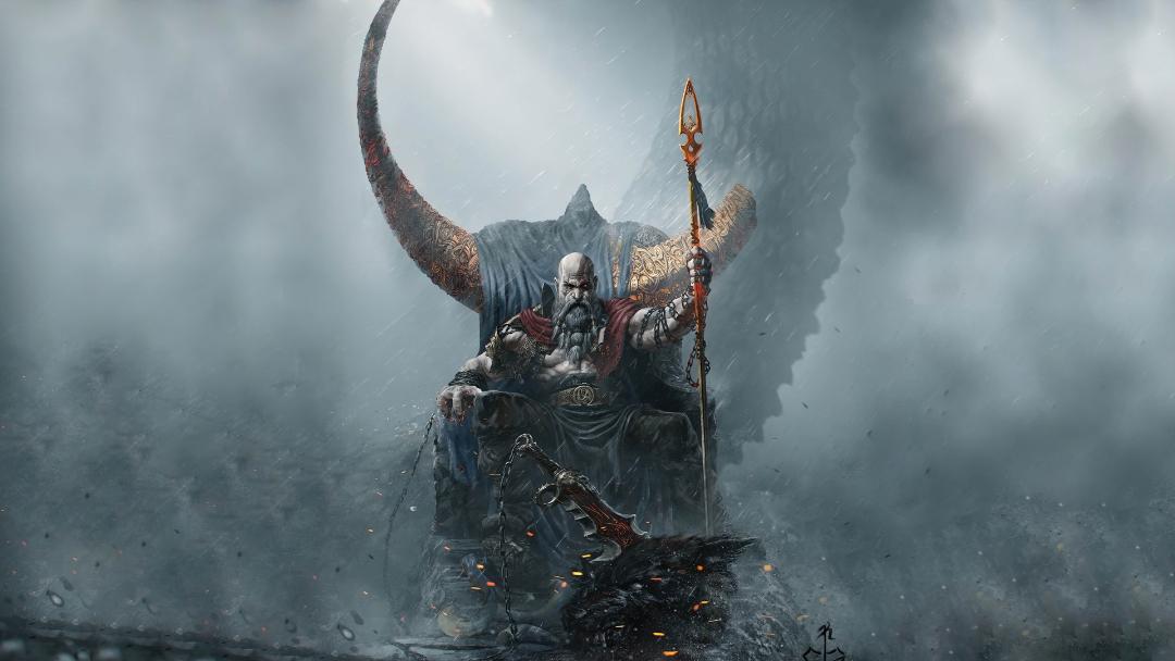تکیه زدن کریتوس (Kratos) بر تخت پادشاهی در بازی God of War Ragnarök
