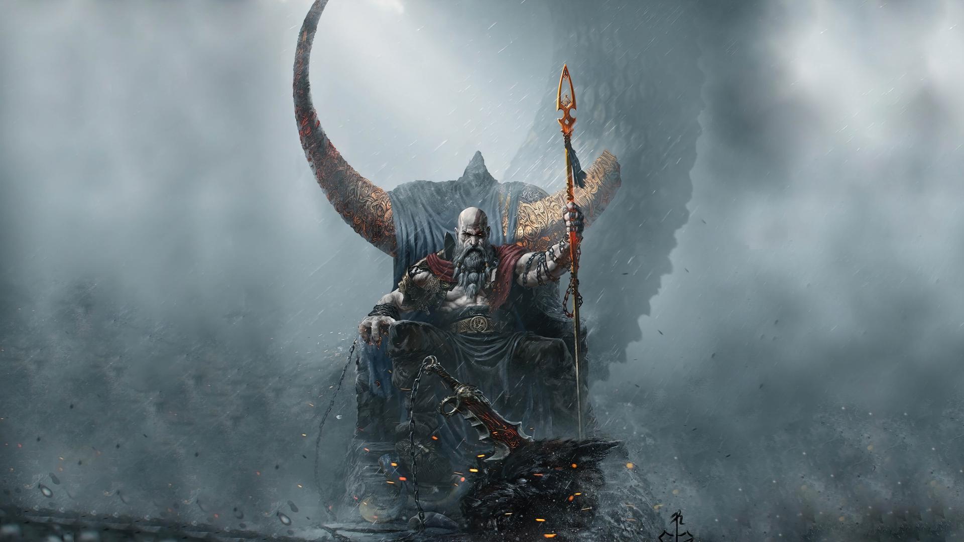 تکیه زدن کریتوس (Kratos) بر تخت پادشاهی در بازی God of War Ragnarök