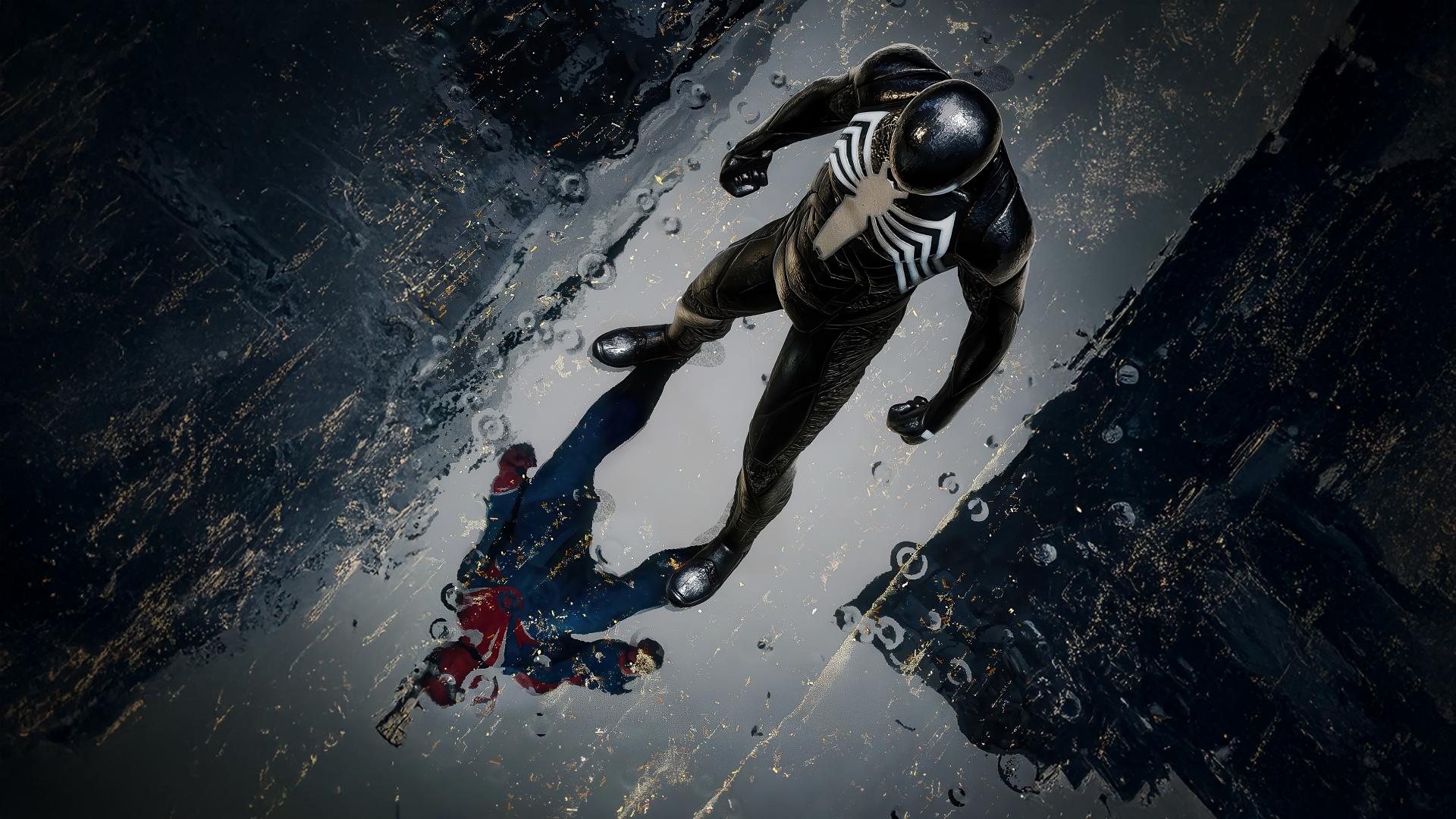 انعکاس تصویر ونوم (Venom) در چاله آب در بازی Marvel's Spider-Man 2