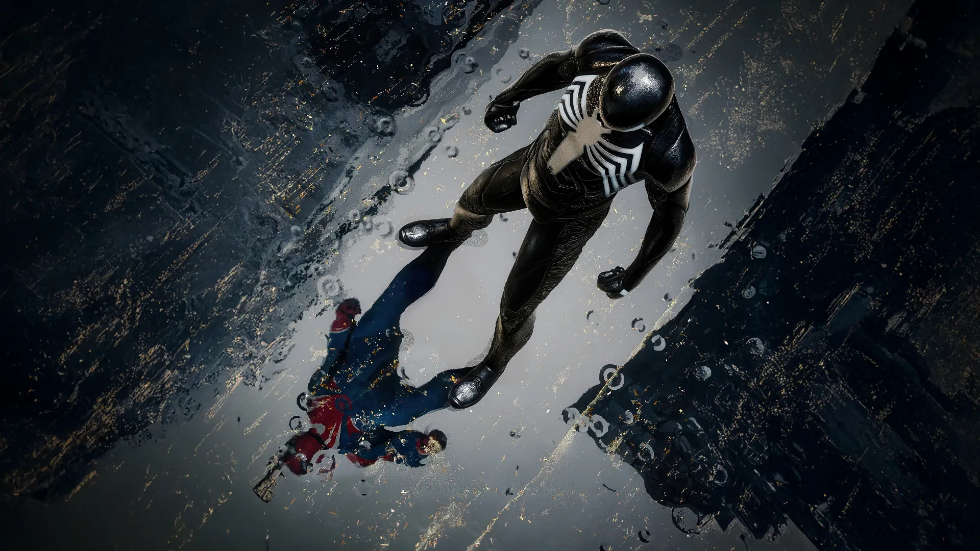 انعکاس تصویر ونوم (Venom) در چاله آب در بازی Marvel's Spider-Man 2