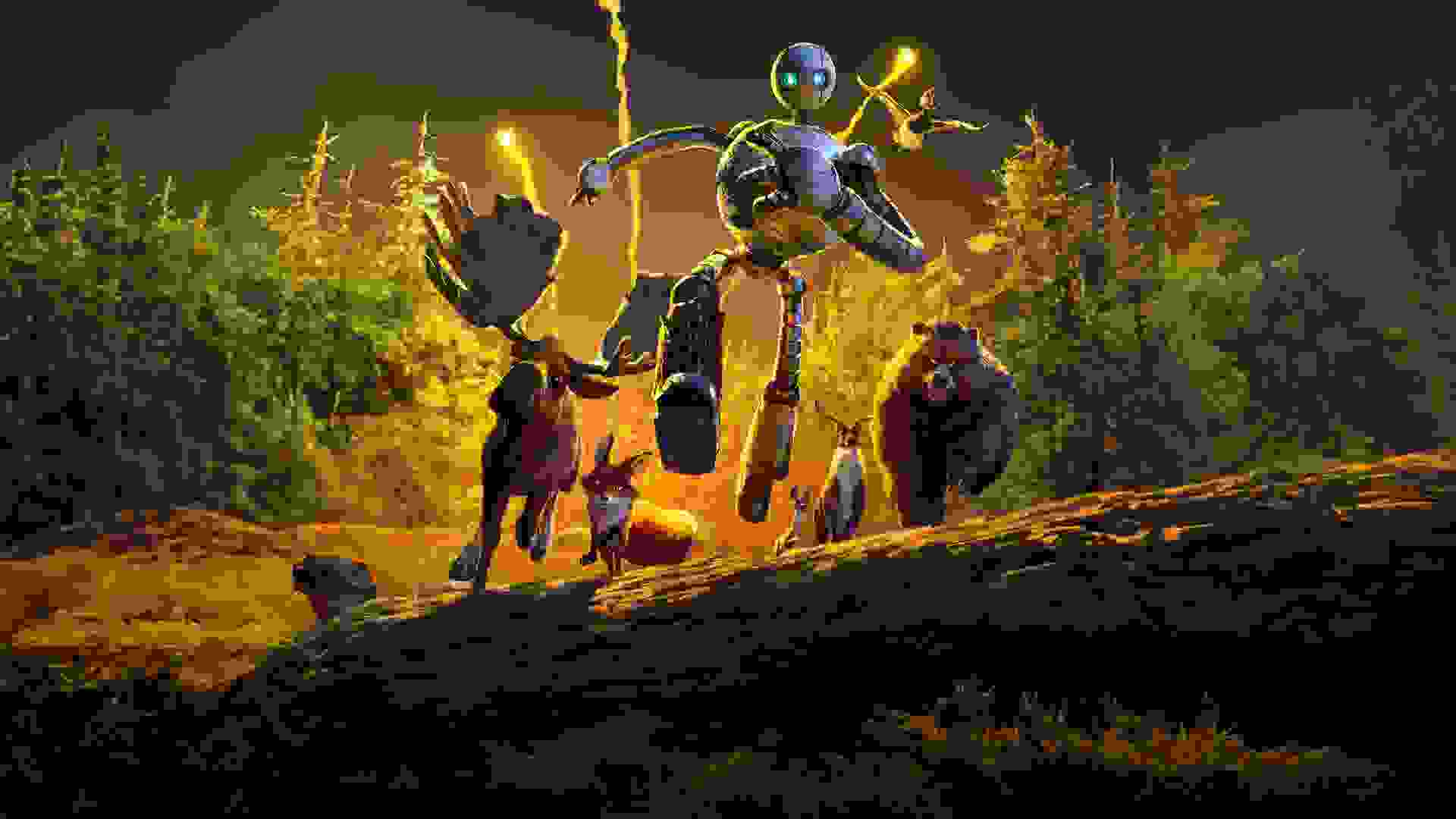 ربات و حیوانات در حال دویدن و فرار کردن در پوستر انیمیشن The Wild Robot