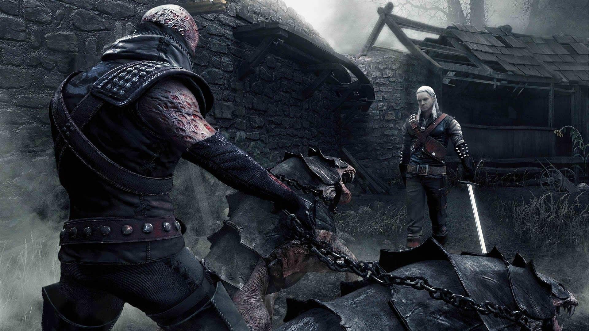 تقابل گرالت با دشمن و سگ‌هایش در بازی The Witcher