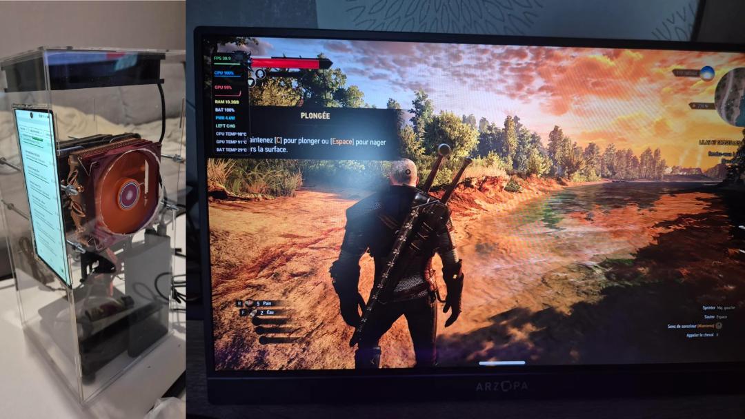 بازی The Witcher 3 در حال اجرا روی گوشی اندرویدی متصل به مانیتور