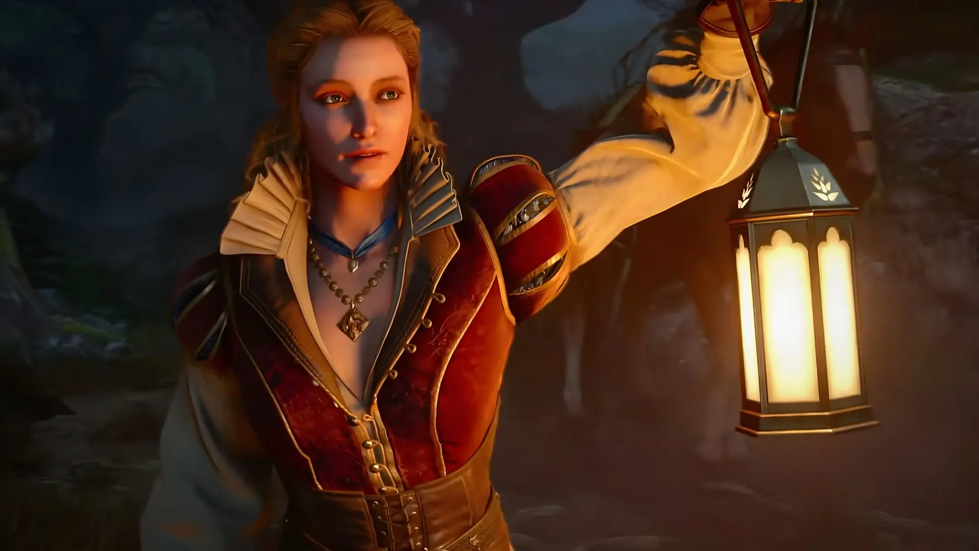 زن جوان با لباس کلاسیک در بازی The Witcher 3 (ویچر ۳) فانوس روشن در دست دارد