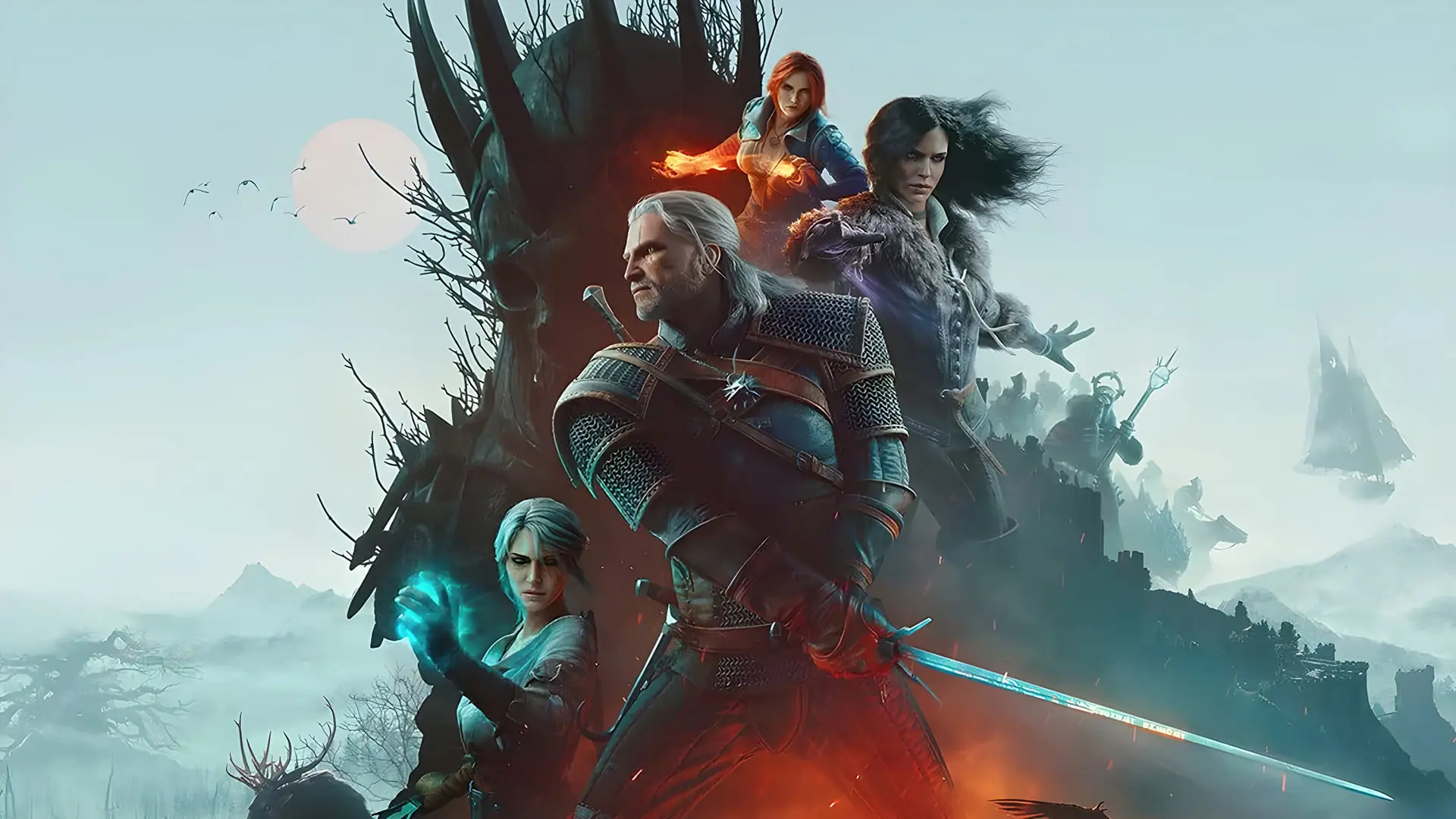 شخصیت‌های بازی The Witcher 3: Wild Hunt - Remastered در مقابل قلعه‌ای مه‌آلود