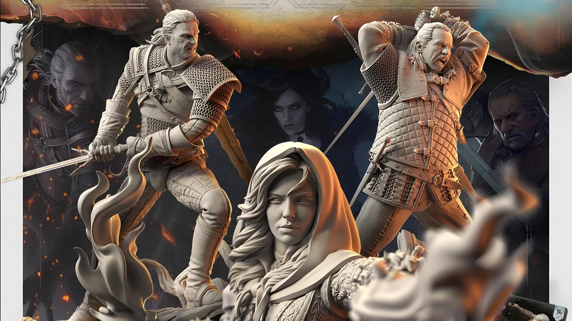 مجسمه‌های شخصیت‌های بازی رومیزی The Witcher: Legacy در حالت‌های مبارزه