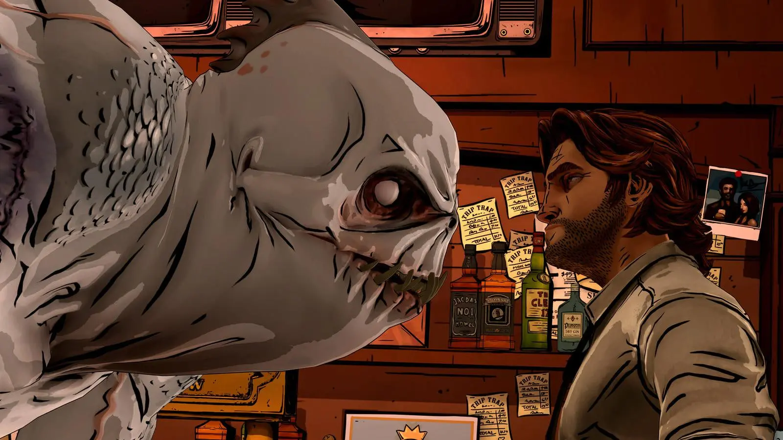 مواجهه شخصیت مرد با موجودی عجیب در بازی The Wolf Among Us Remastered