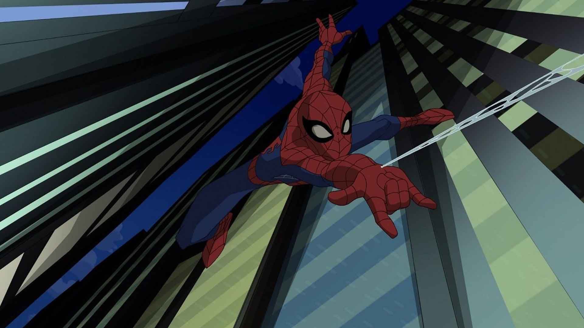 اسپایدرمن در حال پرواز با تار عنکبوت در سریال The Spectacular Spider-Man