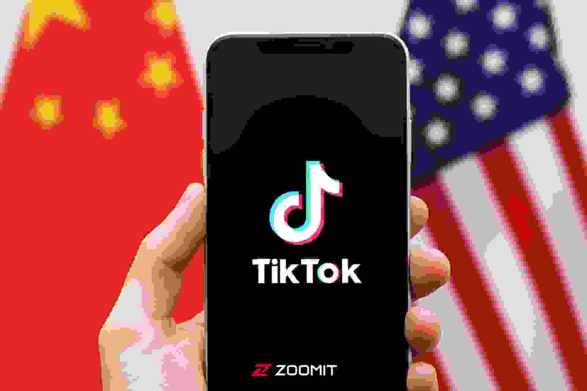 اپلیکیشن تیک‌تاک با بک‌گراند پرچم آمریکا و چین