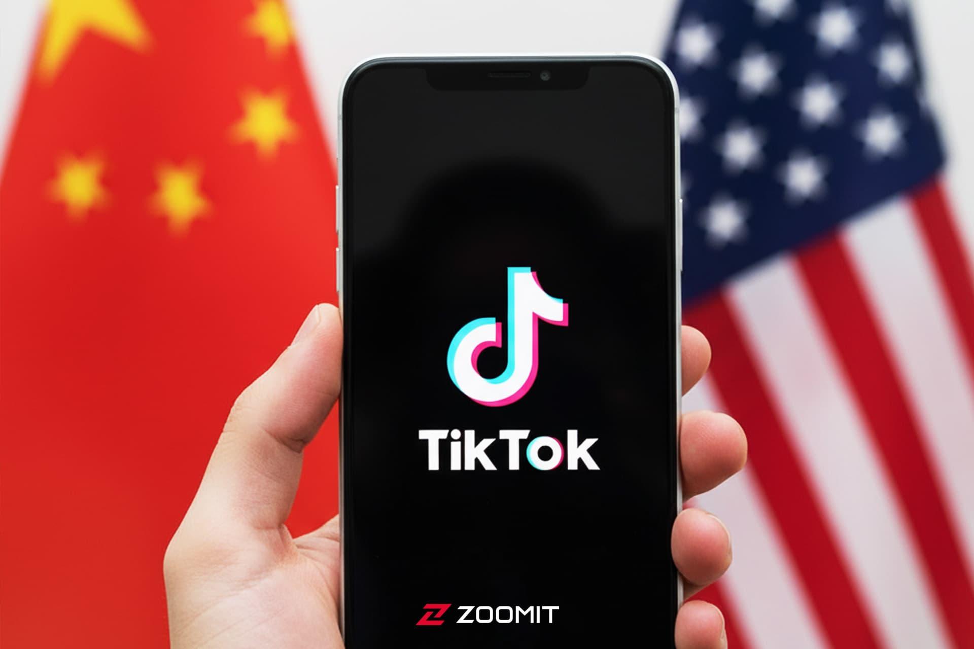 اپلیکیشن تیک‌تاک با بک‌گراند پرچم آمریکا و چین