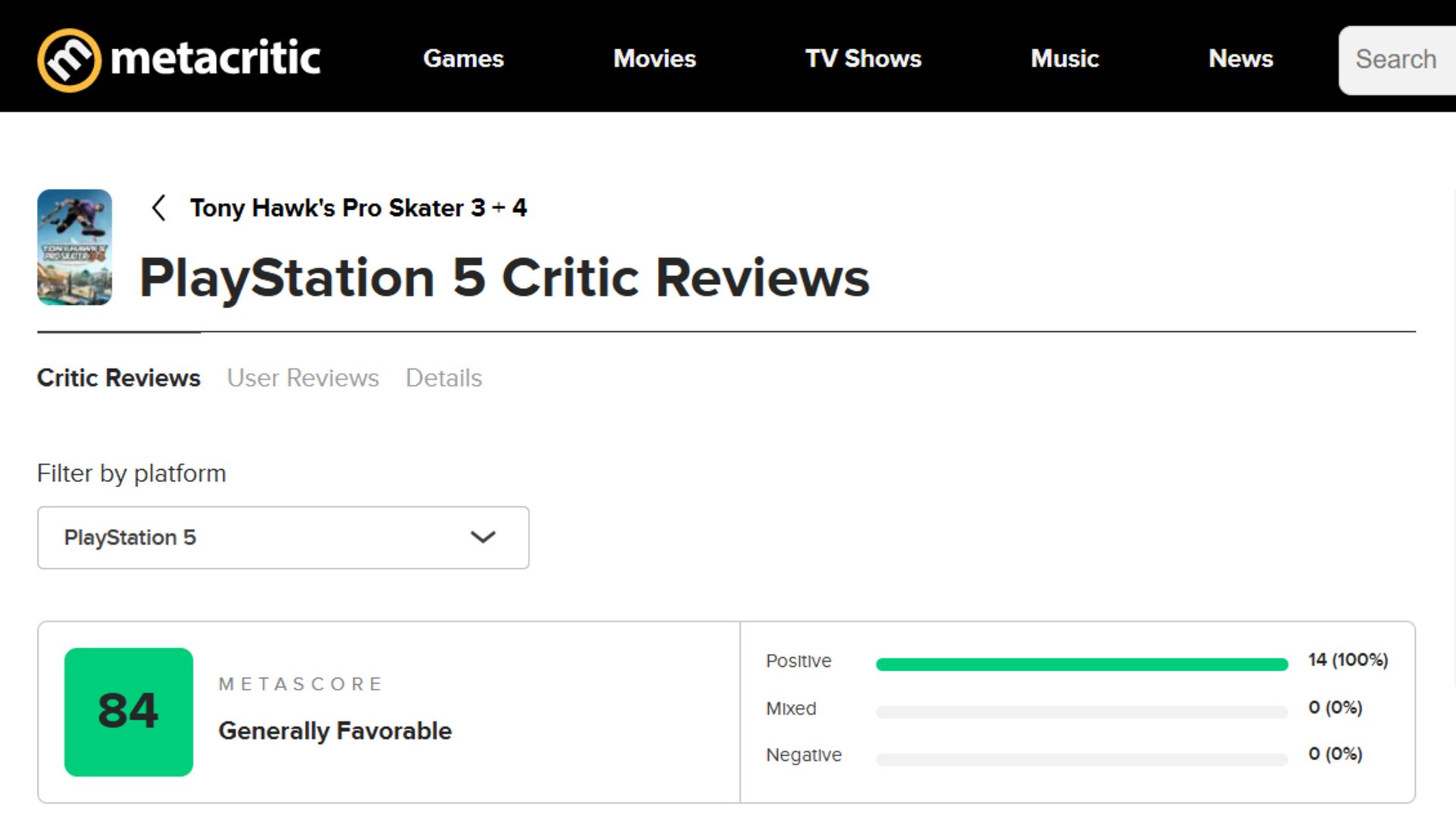 میانگین نقدها و نمرات بازی Tony Hawk's Pro Skater 3 + 4 در وب‌سایت متاکریتیک (Metacritic)