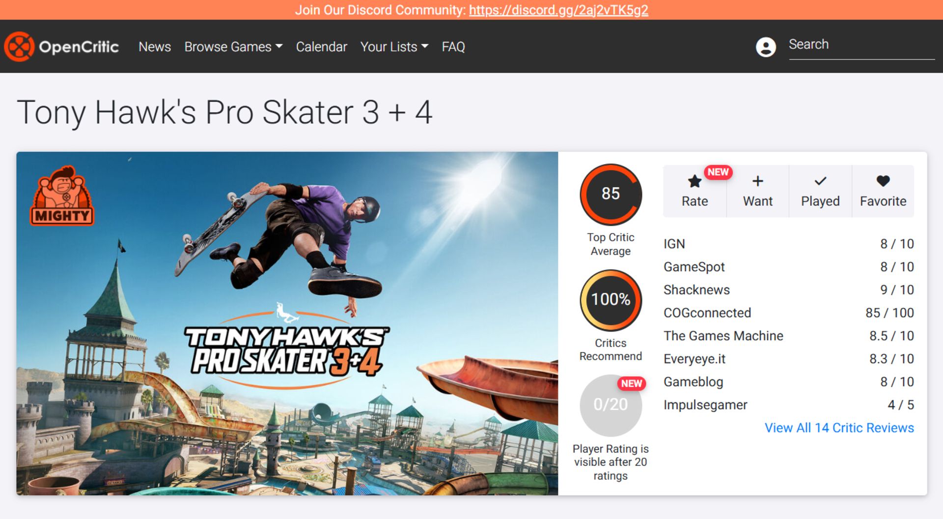 میانگین نقدها و نمرات بازی Tony Hawk's Pro Skater 3 + 4 در وب‌سایت اوپن‌کریتیک (OpenCritic)