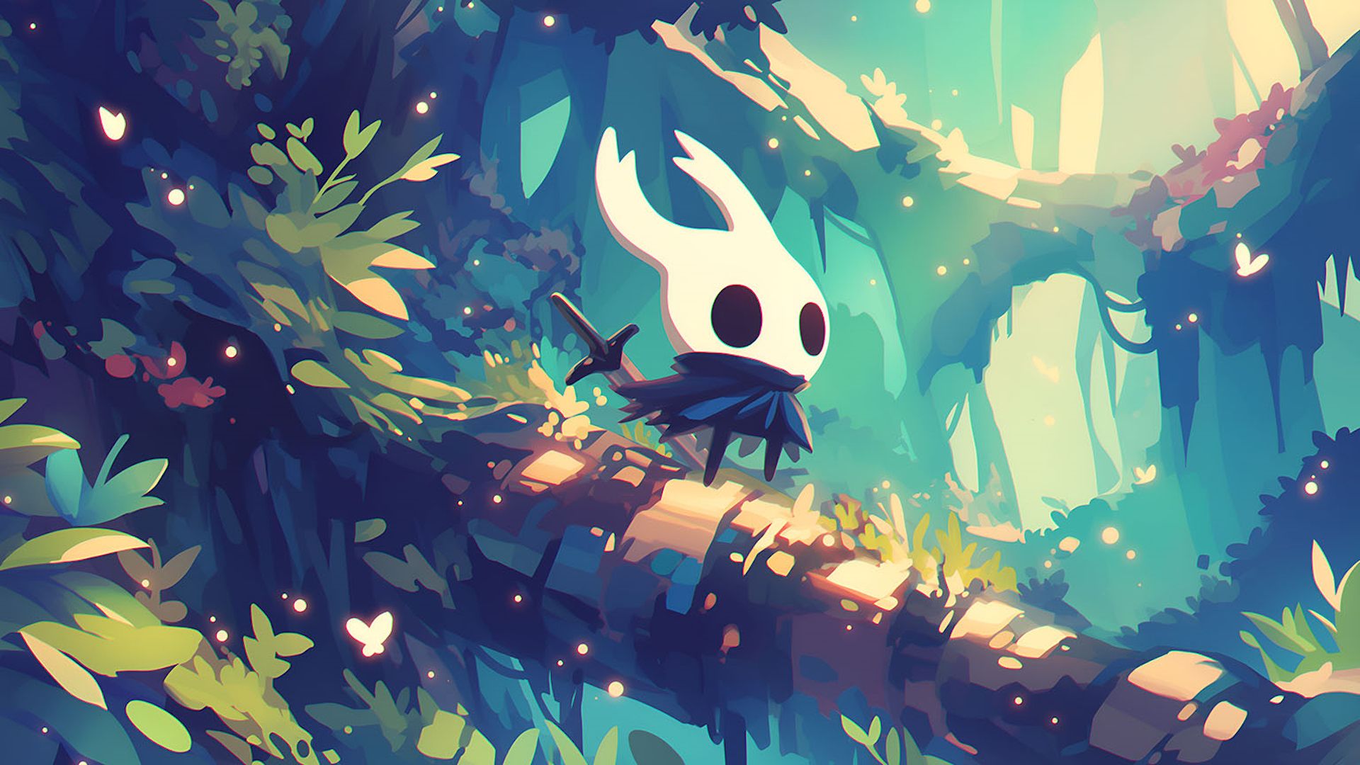 ایستادن شخصیت اصلی بازی Hollow Knight روی شاخه درخت