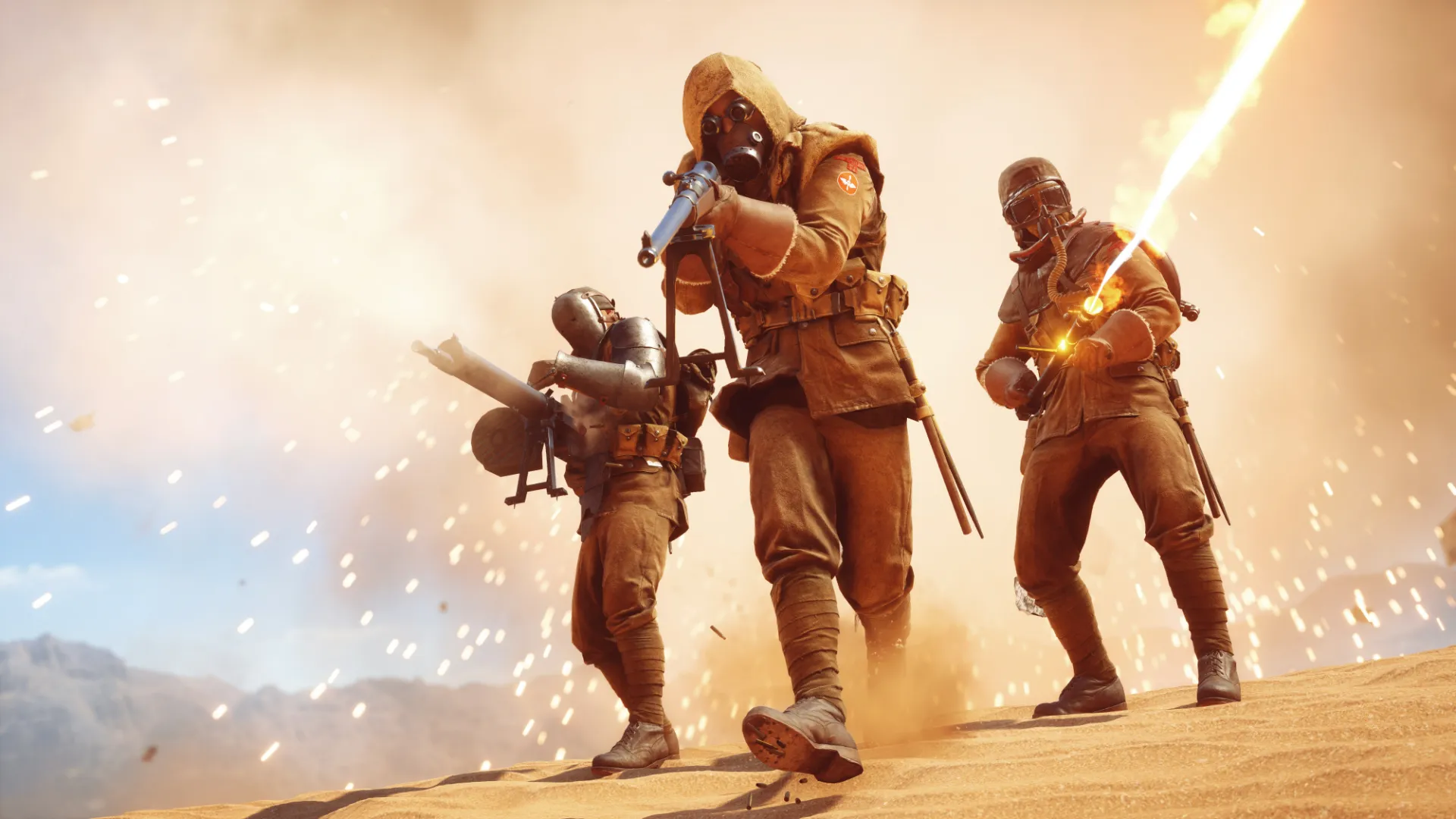 شخصیت‌های بازی Battlefield 1 با سلاح‌ها و ماسک‌های متفاوت در صحرا