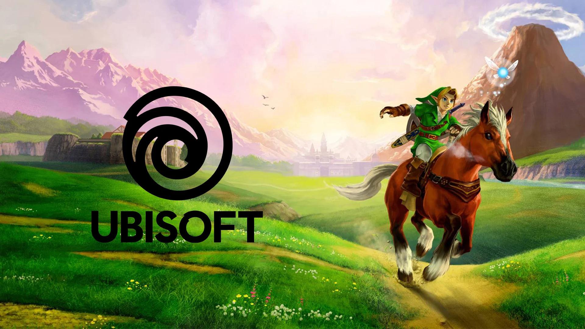 لوگوی یوبیسافت (Ubisoft) در کنار شخصیت لینک (Link) سوار بر اسب در دنیای زلدا