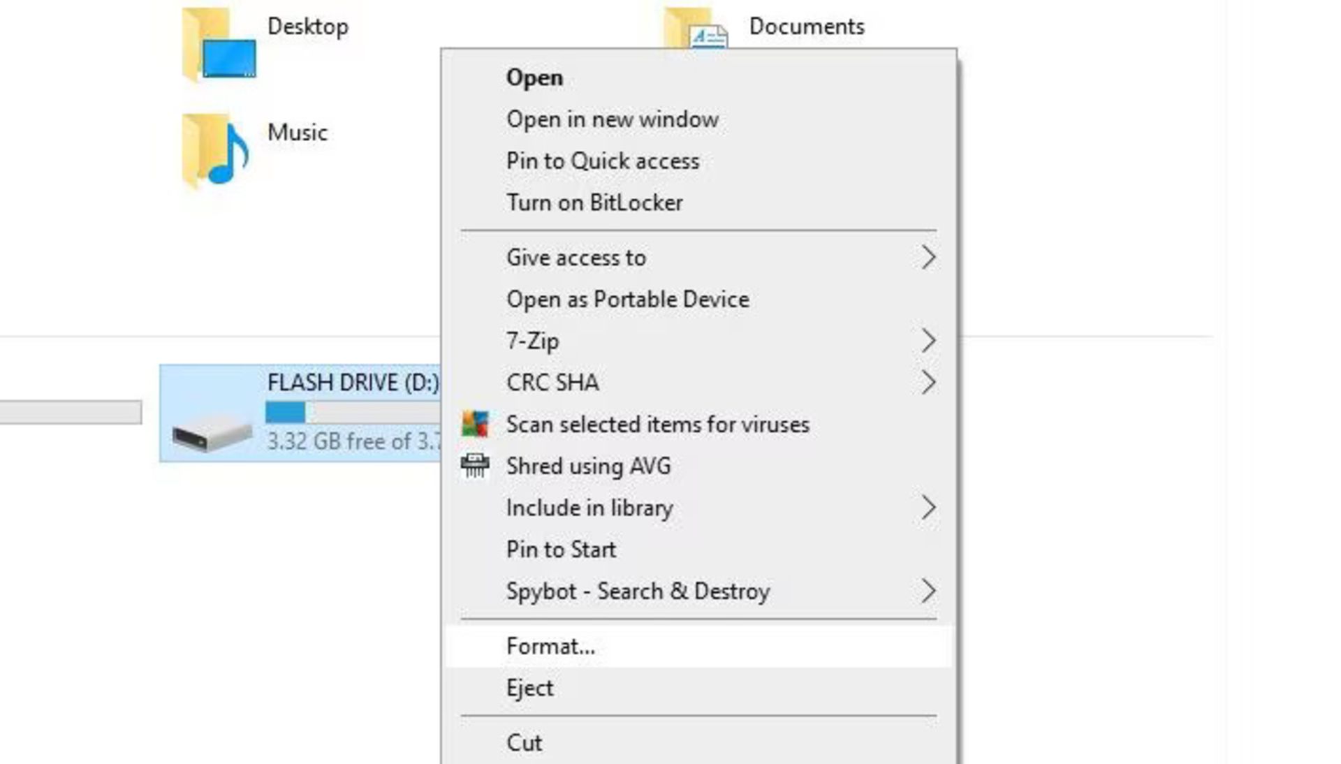گزینه فرمت برای تبدیل فرمت USB Drive
