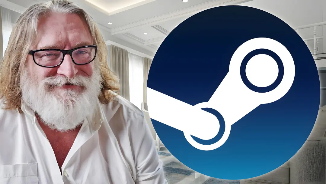 لوگوی پلتفرم استیم (Steam) در کنار چهره مردی با ریش سفید