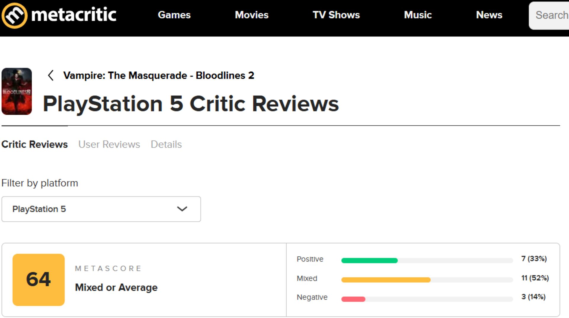 میانگین نقدها و نمرات بازی Vampire: The Masquerade – Bloodlines 2 در وب‌سایت متاکریتیک (Metacritic)