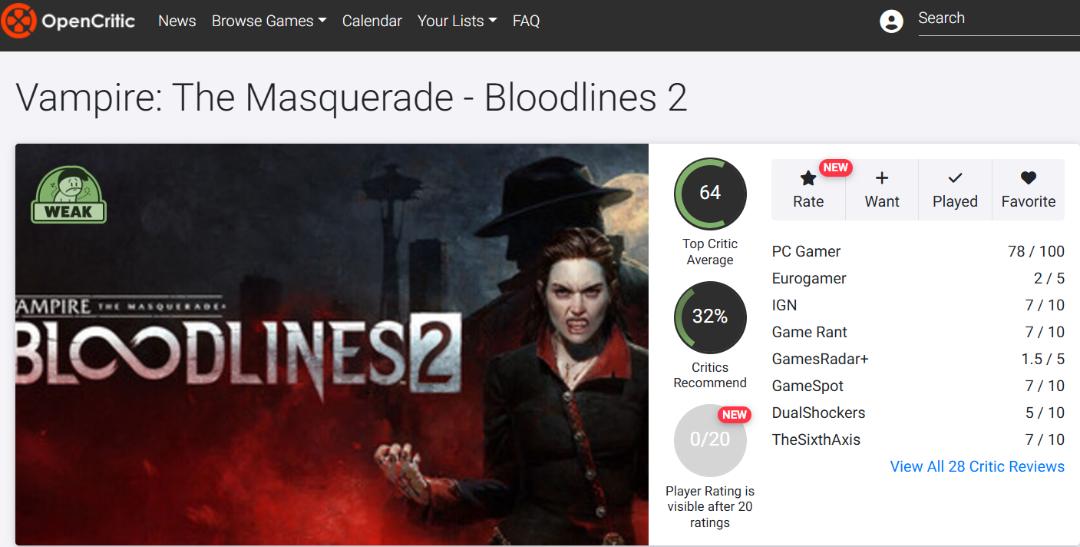 میانگین نقدها و نمرات بازی Vampire: The Masquerade – Bloodlines 2 در وب‌سایت اوپن‌کریتیک (Opencritic)