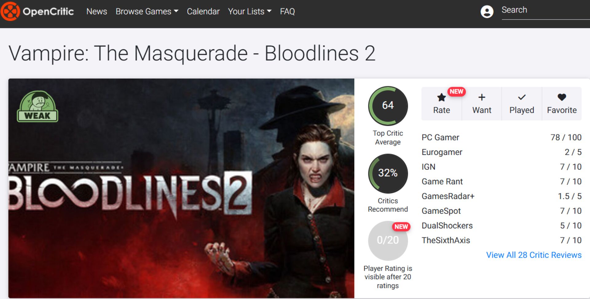 میانگین نقدها و نمرات بازی Vampire: The Masquerade – Bloodlines 2 در وب‌سایت اوپن‌کریتیک (Opencritic)
