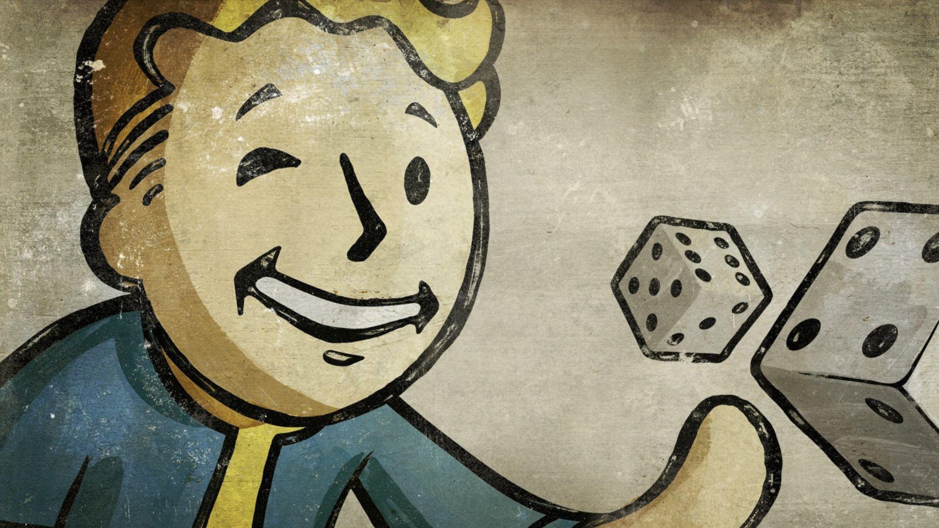 شخصیت والت بوی (Vault Boy) در حال بازی با تاس‌های بازی Fallout