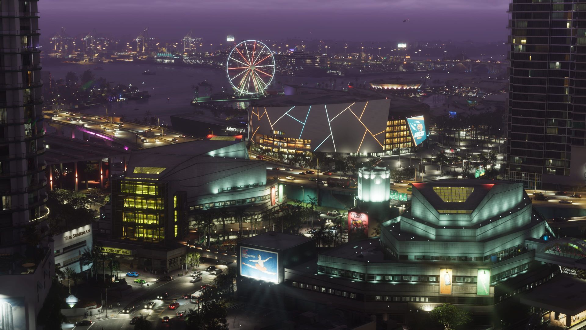 حال‌وهوای شهر وایس سیتی (Vice City) از بازی GTA 6 در شب