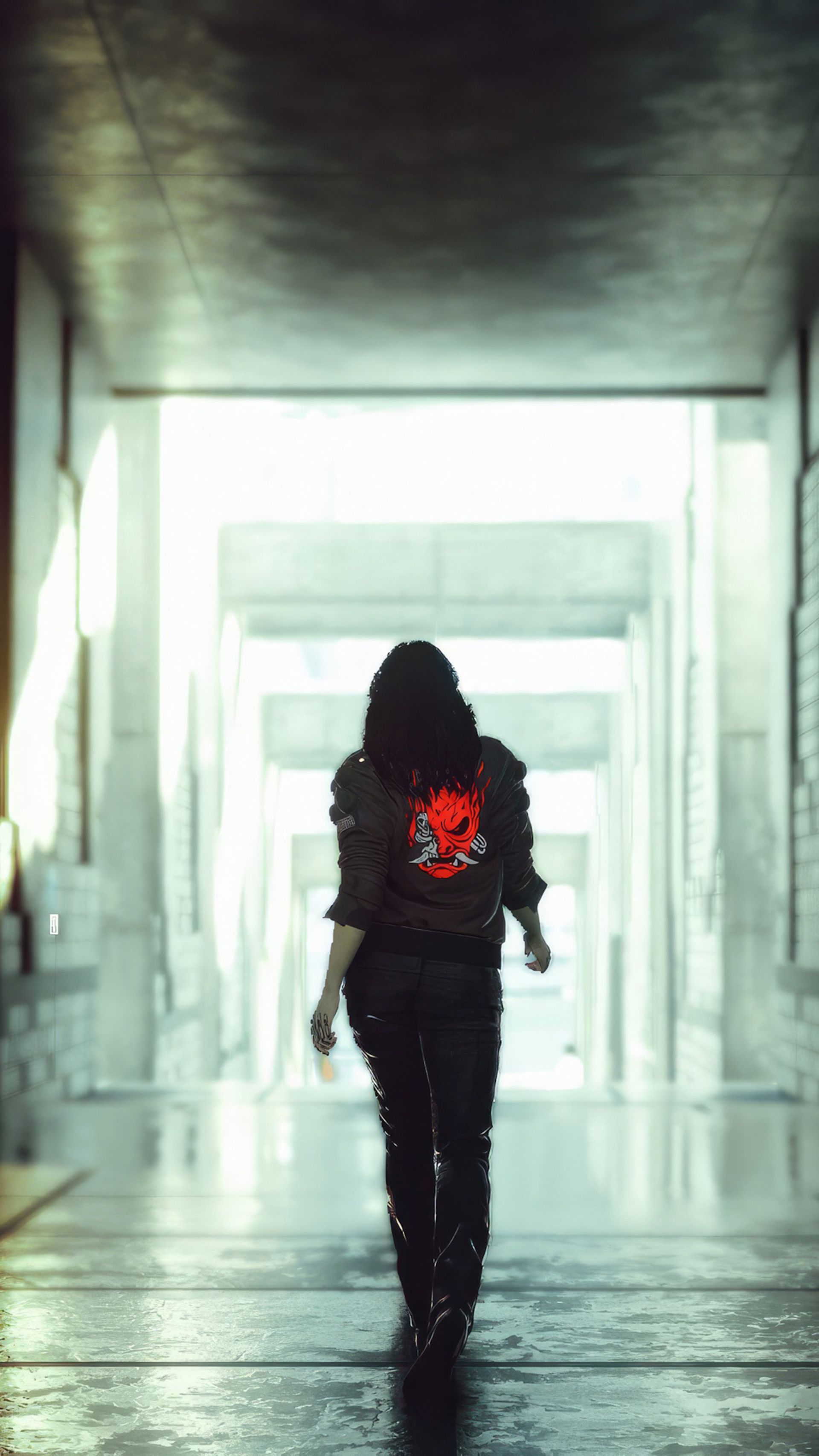 قدم زدن V به سوی درب خروجی ساختمان در بازی Cyberpunk 2077