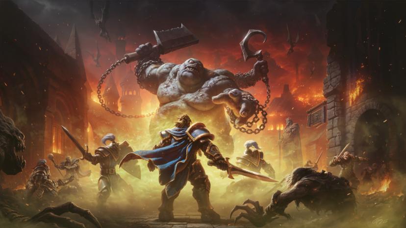 غول عظیم‌الجثه در مقابل جنگجویان بازی Warcraft 3: Forsaken Kingdom