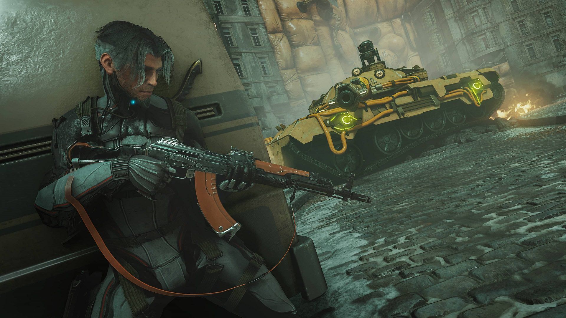 مبارزه آرتور با تانک دشمن در بازی Warframe: 1999