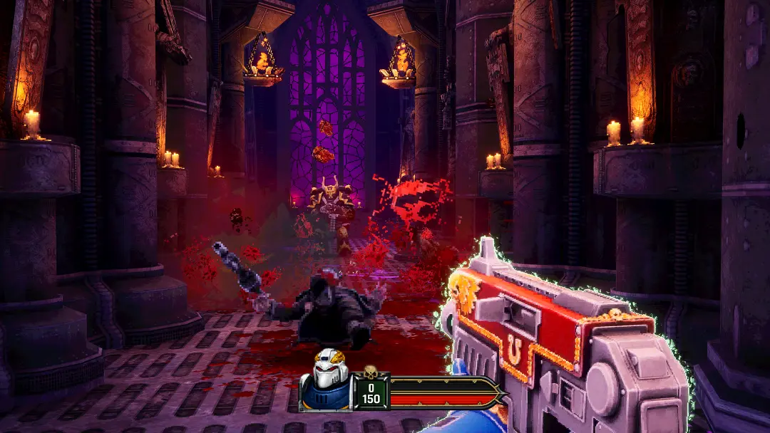 مبارزه در بازی Warhammer 40,000: Boltgun Boom در محیطی با معماری گوتیک