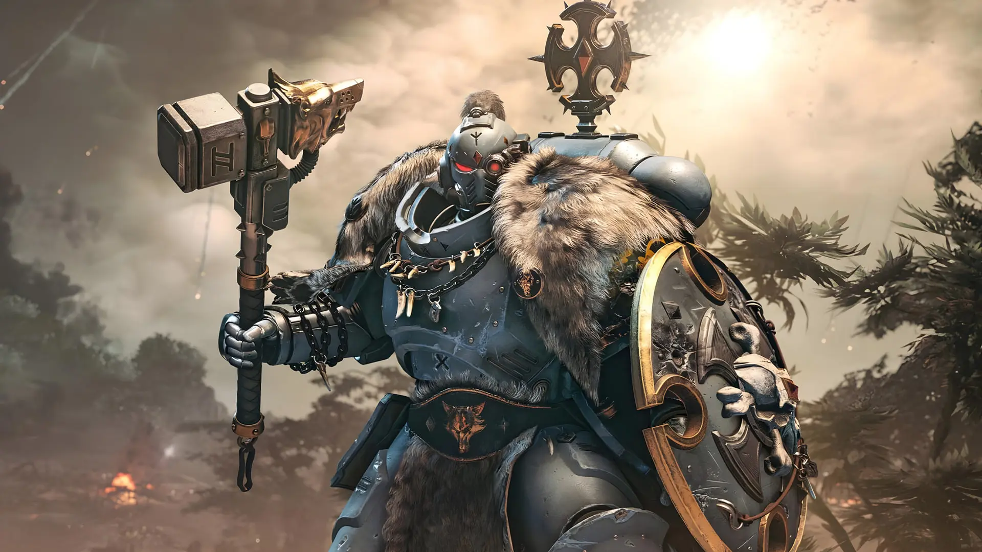جنگجوی زره‌پوش بازی Warhammer 40,000: Space Marine 2 با پتک و سپر