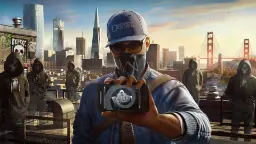 شخصیت اصلی بازی Watch Dogs با کلاه DedSec در مقابل شهر سان‌فرانسیسکو