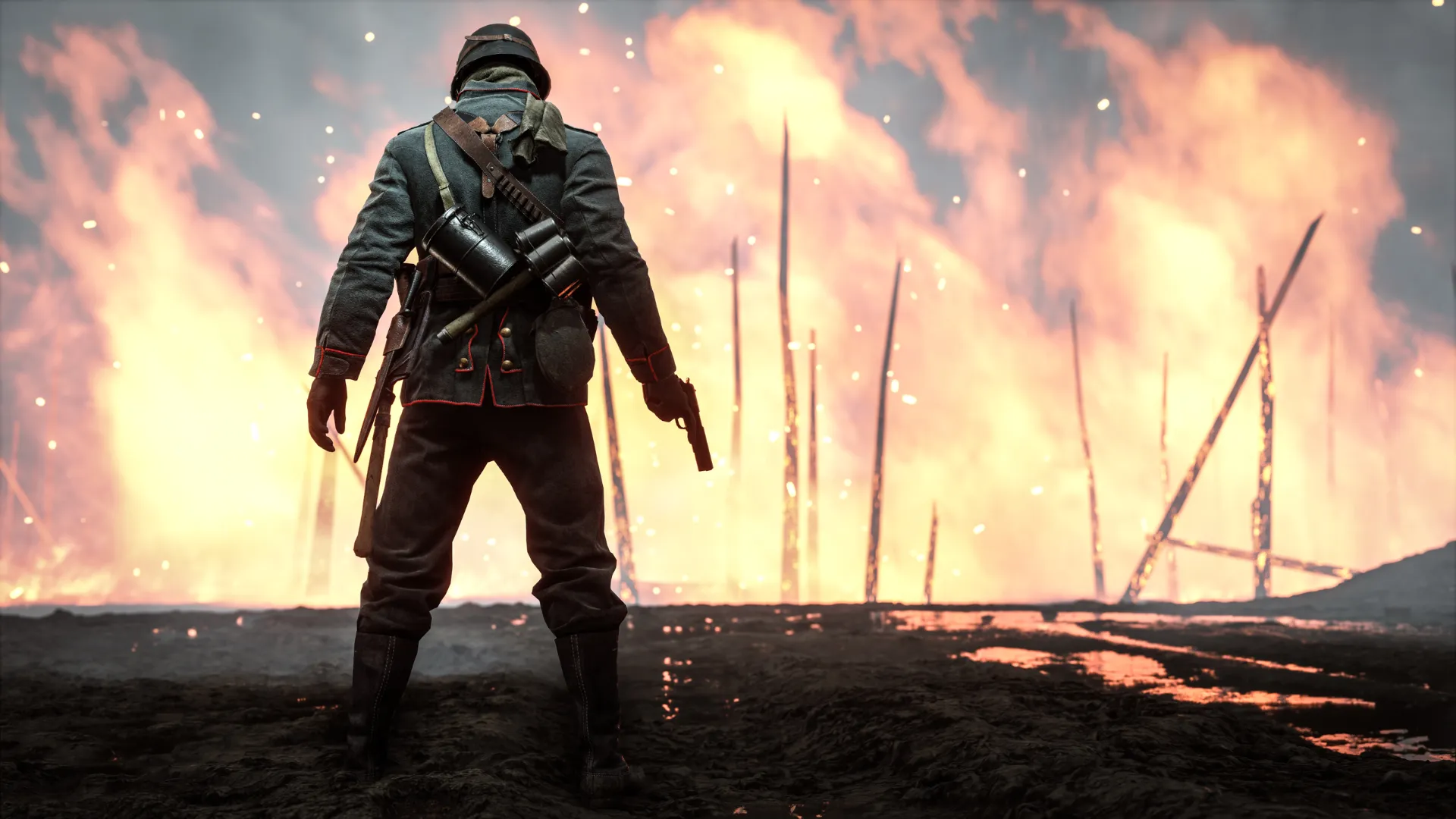 سرباز نیروهای متحد مشغول تماشای شعله‌های آتش در بازی Battlefield 1