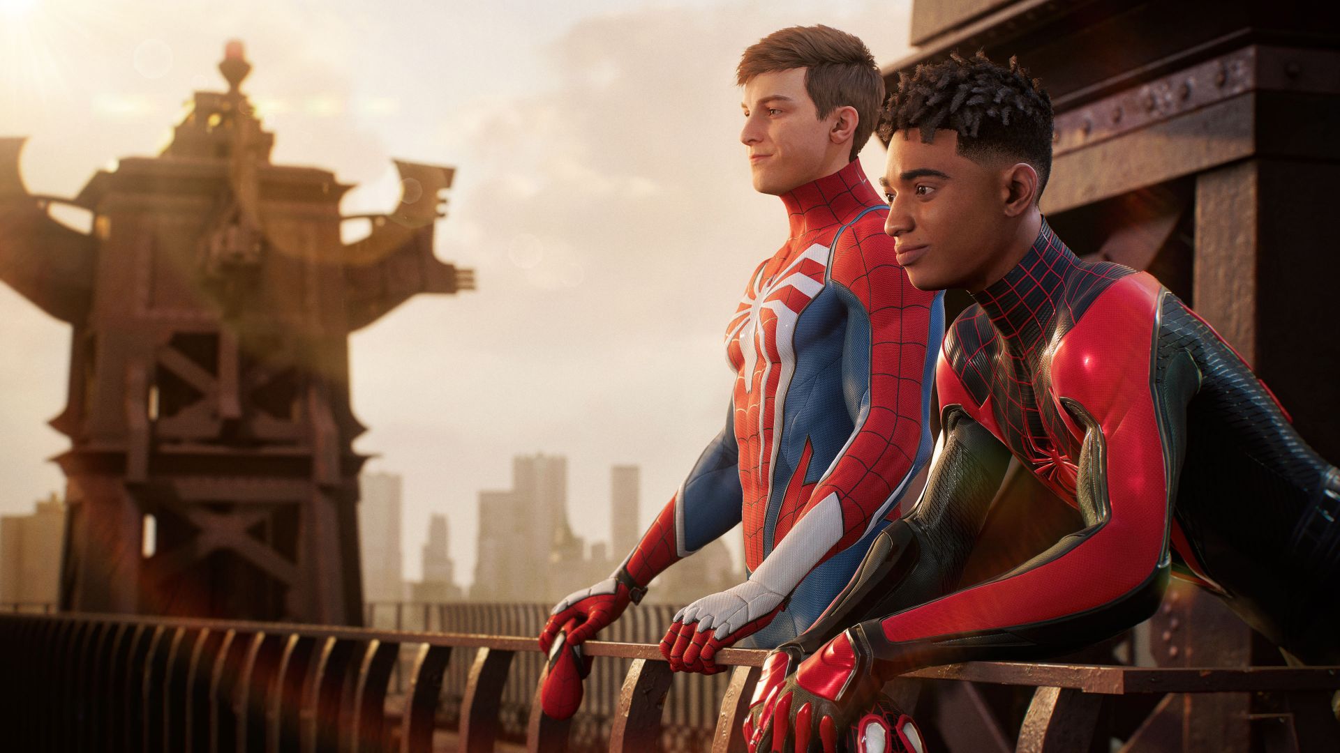 پیتر پارکر (Peter Parker) و مایلز مورالز (Miles Morales) مشغول تماشای نیویورک بازی Marvel's Spider-Man 2