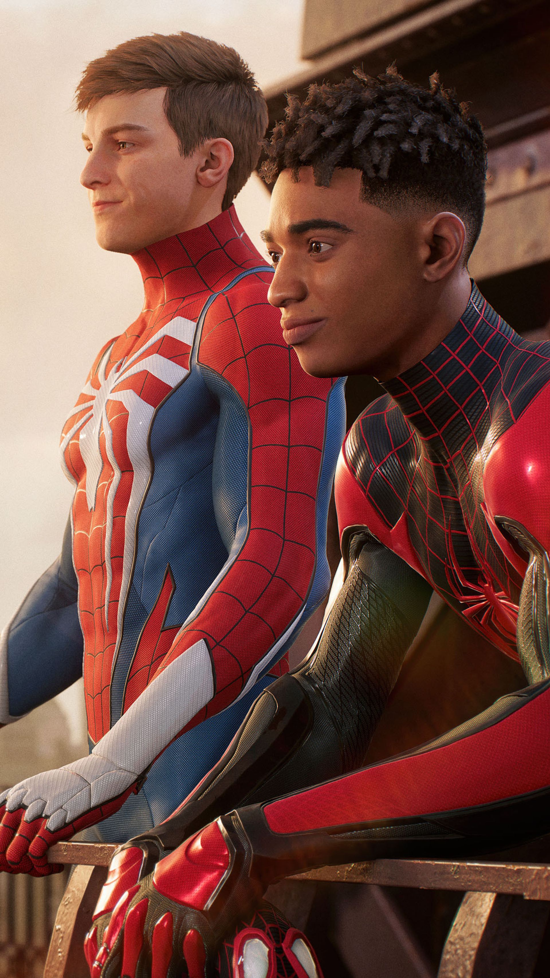 پیتر پارکر (Peter Parker) و مایلز مورالز (Miles Morales) مشغول تماشای نیویورک بازی Marvel's Spider-Man 2