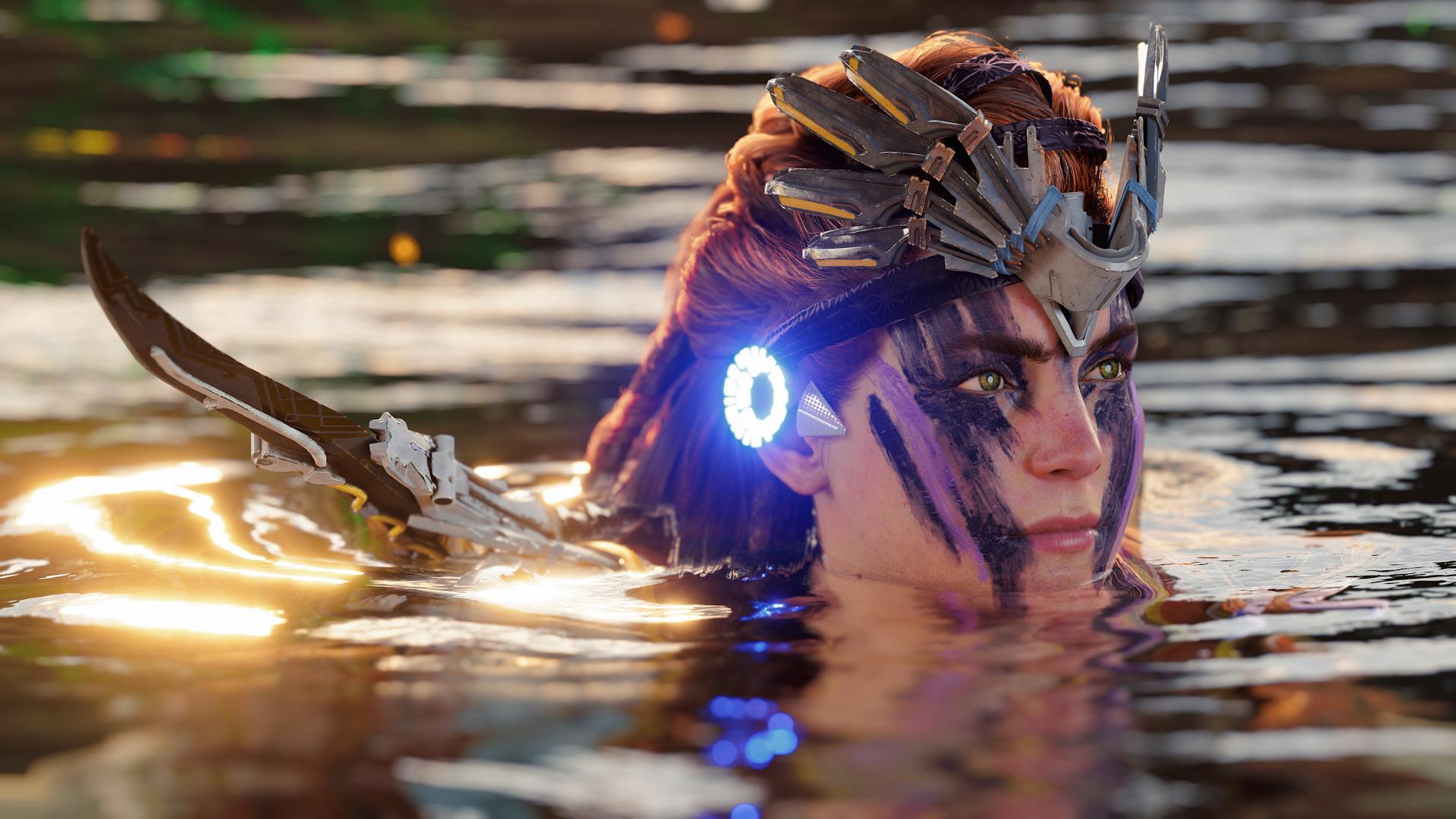 بیرون آمدن الوی (Aloy) از آب در بازی Horizon Forbidden West