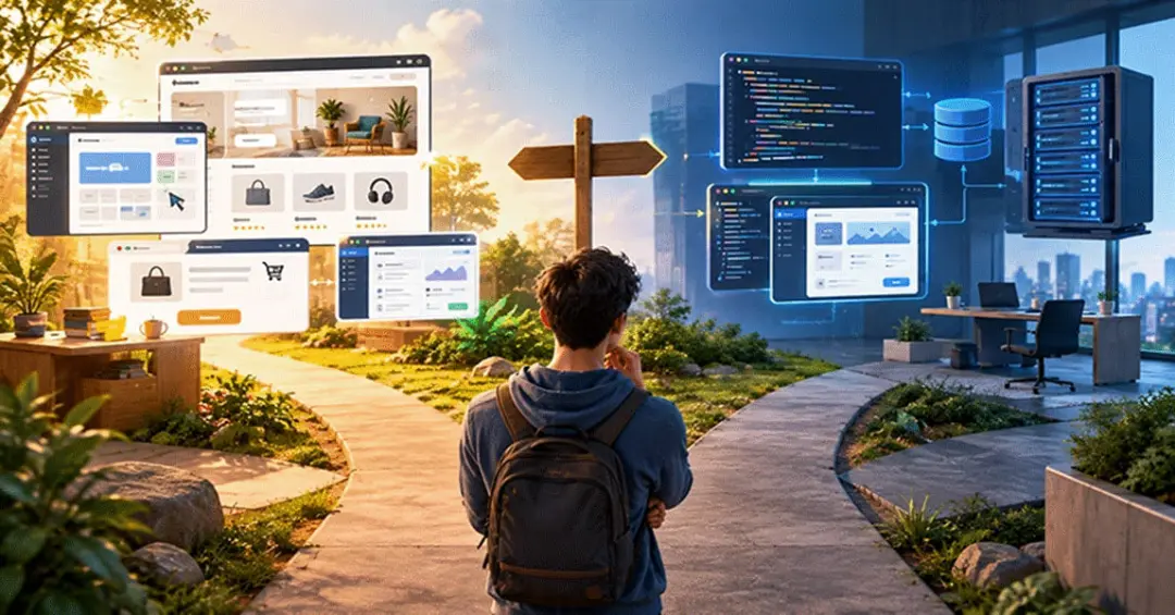 تصویر مفهومی از انتخاب بین طراحی سایت با CMS و برنامه‌نویسی اختصاصی