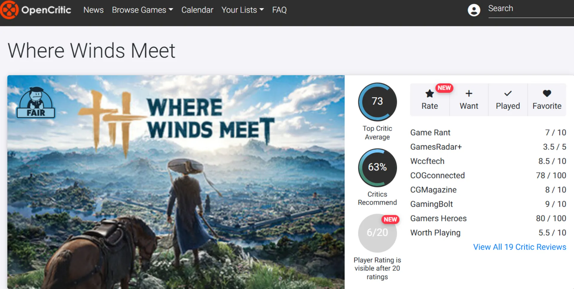 میانگین نقدها و نمرات بازی Where Winds Meet در وب‌سایت اوپن‌کریتیک (OpenCritic)