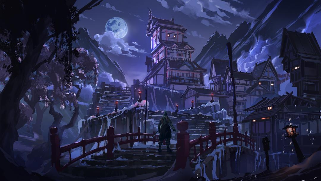 شخصیت اصلی بازی Sekiro: Shadows Die Twice در پایین ساختمان‌های پوشیده از برف